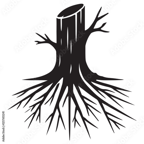 Vector Illustration of a Silhouette Tree Stump with Roots