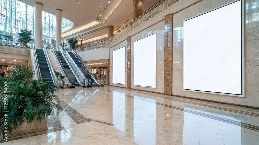 In a metro station, a mockup of a blank poster showcases three tall vertical posters in portrait orientation, set against a metro escalator backdrop. In a metro station, a mockup of a blank poster showcases three tall vertical posters in portrait orientation, set against a metro escalator backdrop.