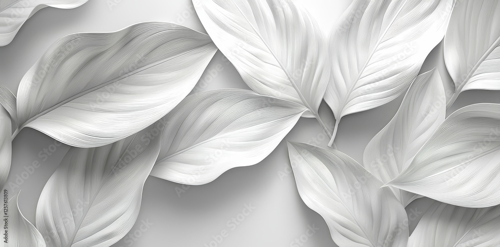 Horizontal arrangement of trendy tropical green leaves, including monstera, palm, and ficus elastica, set against a white background (computer rendered) Horizontal arrangement of trendy tropical green leaves, including monstera, palm, and ficus elastica, set against a white background (computer rendered)