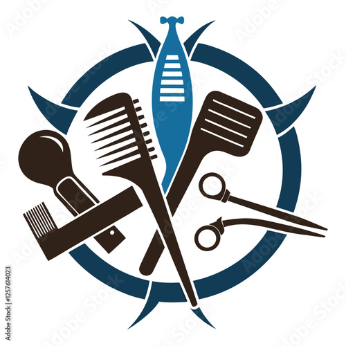 Stylized hairdressing tools and nautical emblem representing barber or salon services