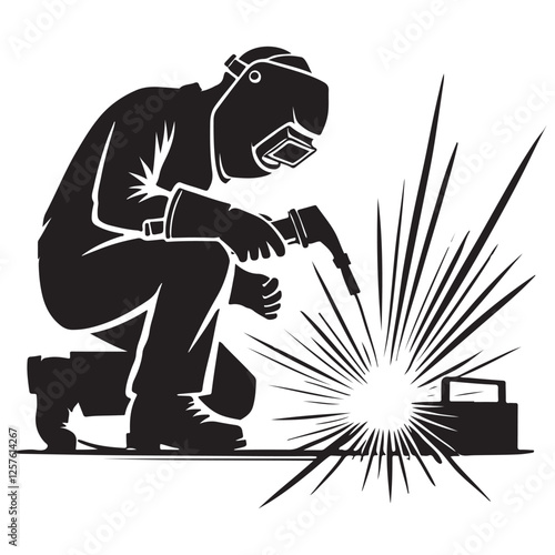 Welder Silhouette Vector Working with Sparks for Industrial Design