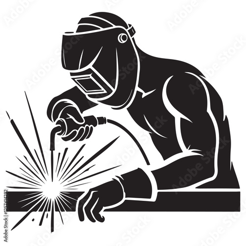Silhouette Illustration of Welder at Work With Safety Mask Sparks