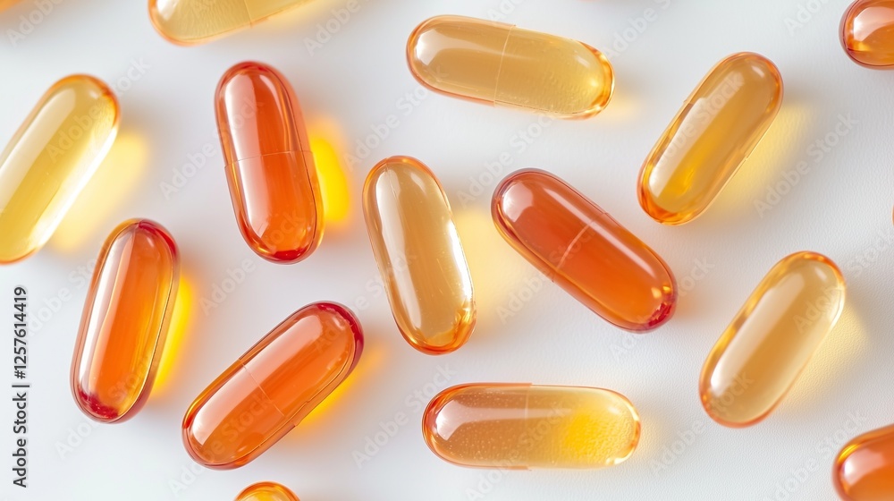 Scattered omega 3 capsules symbolize health and wellness. Scattered omega 3 capsules symbolize health and wellness.