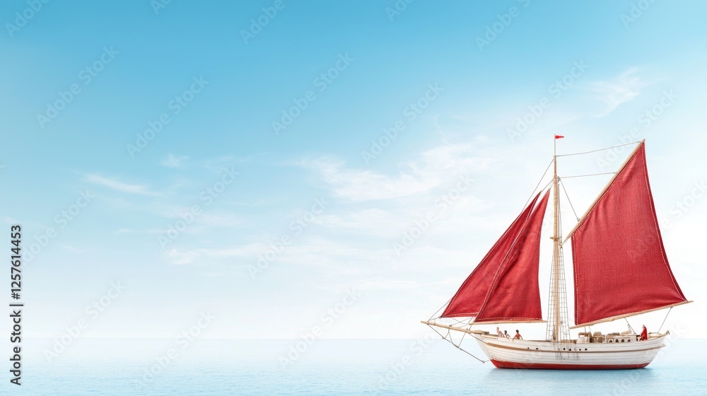 Fototapeta premium A white boat with red sails floating in the ocean