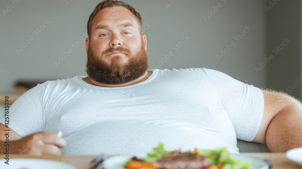 Confident man enjoying meal at table with nutritious food, showcasing relaxed dining atmosphere and healthy lifestyle choices in modern setting Confident man enjoying meal at table with nutritious food, showcasing relaxed dining atmosphere and healthy lifestyle choices in modern setting