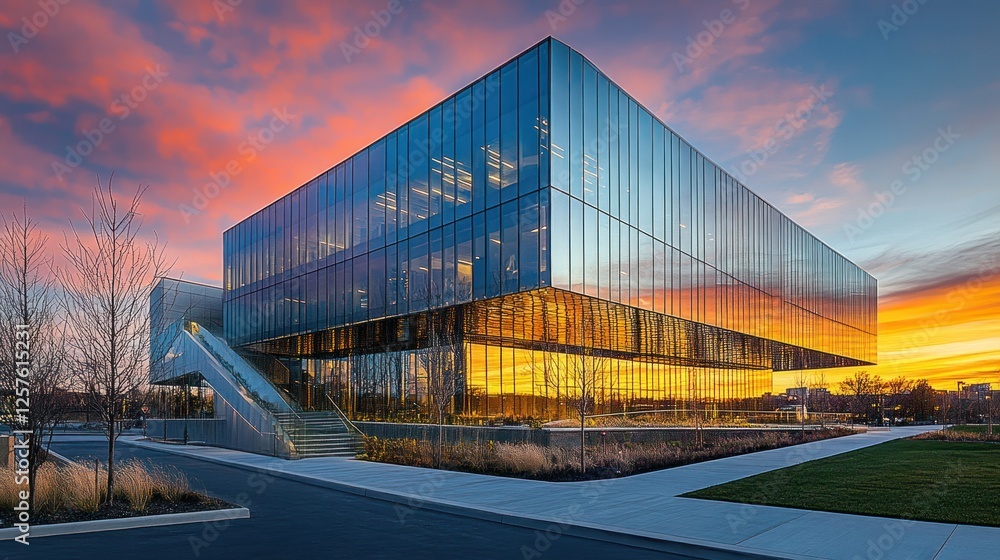 Obraz premium Modern glass office building at sunset. (1)