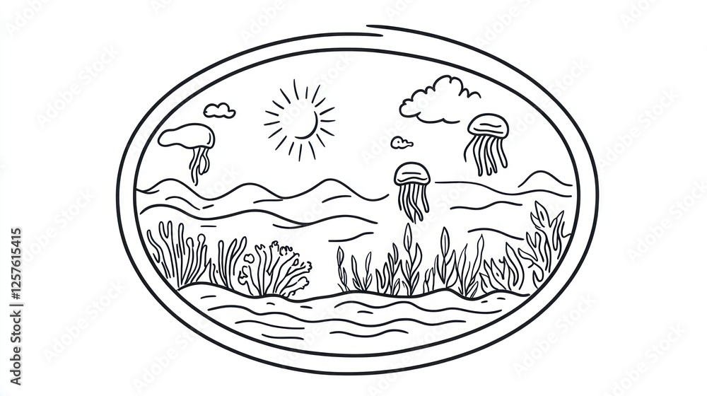 Ocean scene with jellyfish, sun, and clouds; illustration for kids' book Ocean scene with jellyfish, sun, and clouds; illustration for kids' book