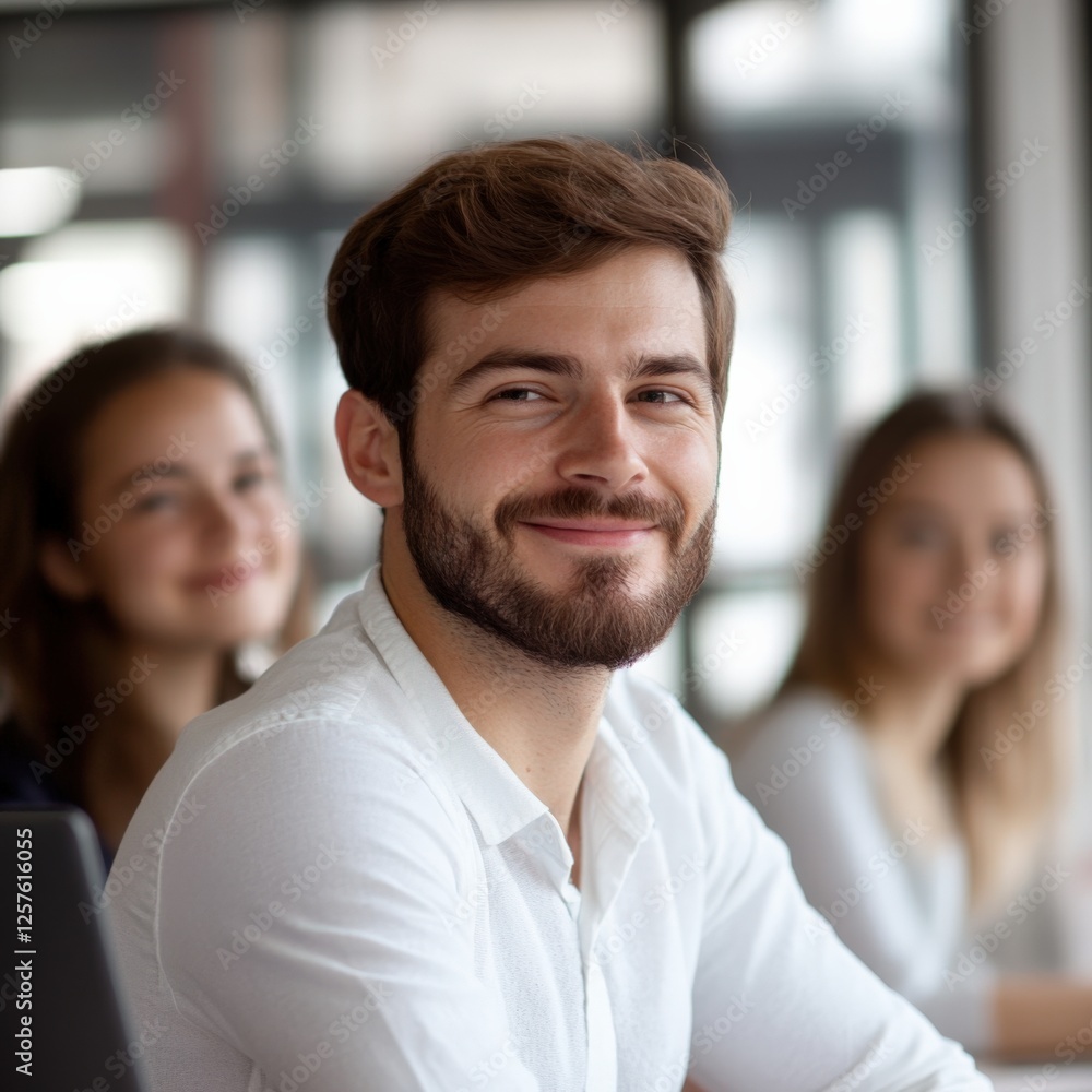 smiling man in office with colleagues smiling man in office with colleagues
