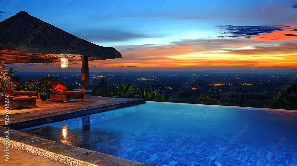 Obraz premium Sunset poolside luxury villa, city view