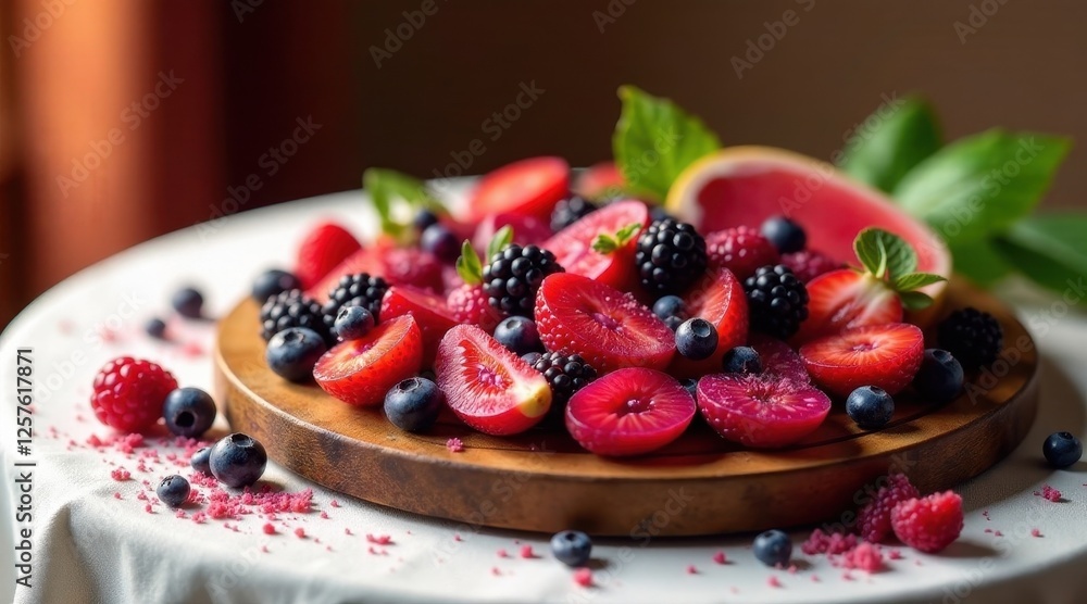 A vibrant mix of summer berries arranged on a wooden platter, featuring sliced strawberries, raspberries, blueberries, and blackberries, garnished with fresh mint leaves. A vibrant mix of summer berries arranged on a wooden platter, featuring sliced strawberries, raspberries, blueberries, and blackberries, garnished with fresh mint leaves.
