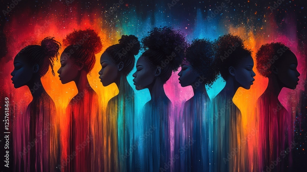 Obraz premium Silhouettes of diverse women with vibrant hair against a colorful cosmic background, symbolizing unity