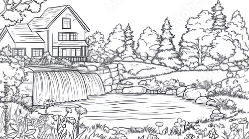 Wallpaper Mural Waterfall house nature landscape coloring book illustration Torontodigital.ca