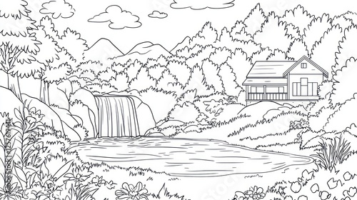 Wallpaper Mural Waterfall cabin nature coloring page Torontodigital.ca
