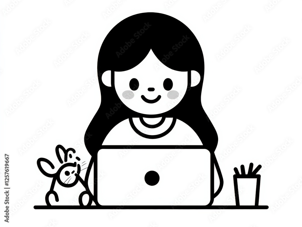 cartoon girl working on laptop with pet rabbit cartoon girl working on laptop with pet rabbit