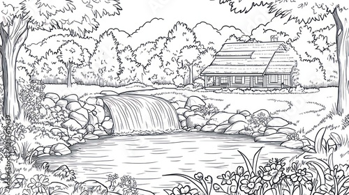 Wallpaper Mural Waterfall, cabin, forest, nature, tranquil scene, coloring book page Torontodigital.ca