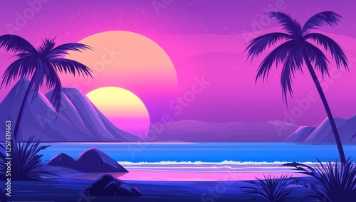 At sunset, the tropical beach is bathed in a warm glow, the ocean sparkles like diamonds, with light sand softly reflecting the sky, and the horizon blurs into the distance