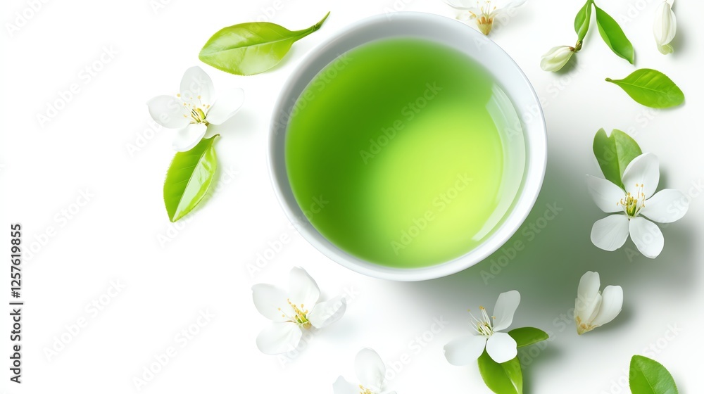 A tranquil image featuring a bowl of vibrant green tea surrounded by delicate white flowers and green leaves, symbolizing refreshment, wellness, and the beauty of nature. A tranquil image featuring a bowl of vibrant green tea surrounded by delicate white flowers and green leaves, symbolizing refreshment, wellness, and the beauty of nature.