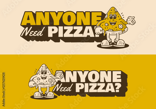 Anyone need pizza. Mascot character of pizza slice in retro vintage style in 2 colors version
