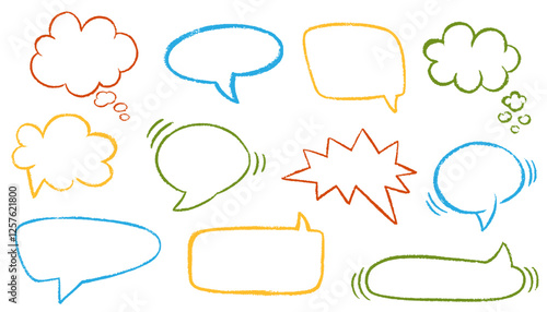 Chalk pencil speech bubbles doodle set. Comic talk balloon in sketch style, grunge texture. Hand drawn kid's style pencil dialog balloon, various text clouds. Vector illustration 