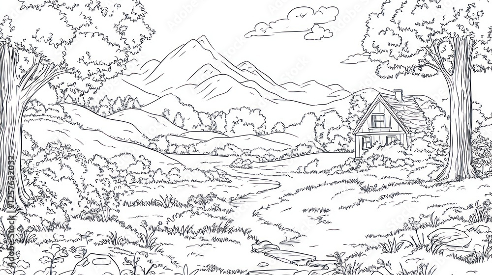 Fototapeta premium Rural cabin, stream, mountain view, coloring book page