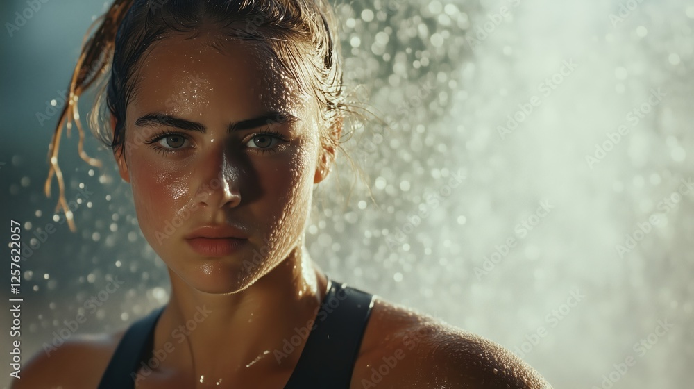 Fototapeta premium Sporty woman sweating and wet under the rain