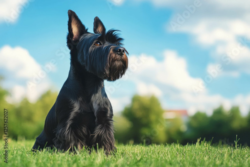 A Cesky Terrier Sitting In A Grassy Field, Fluffy Coat, Curious Expression, Natural Setting photo