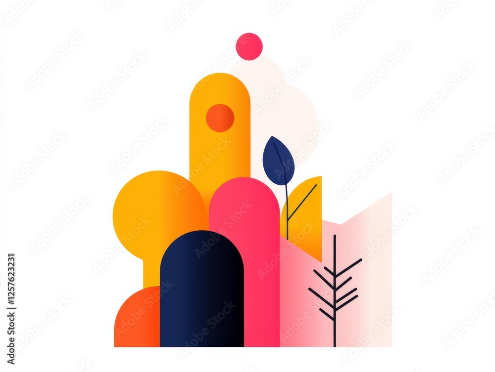Abstract geometric landscape with gradient shapes and stylized plants