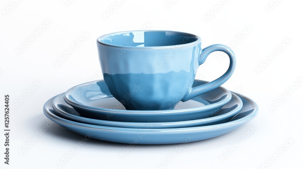 Obraz premium Blue teacup and saucer set on white background, perfect for cafe menu or website