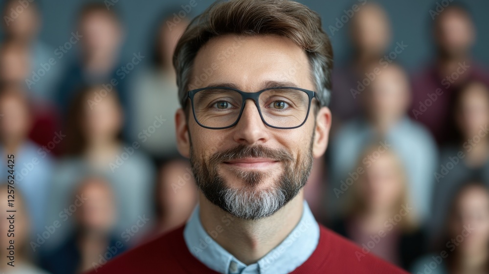 Man with glasses smiles in front of blurry audience Man with glasses smiles in front of blurry audience