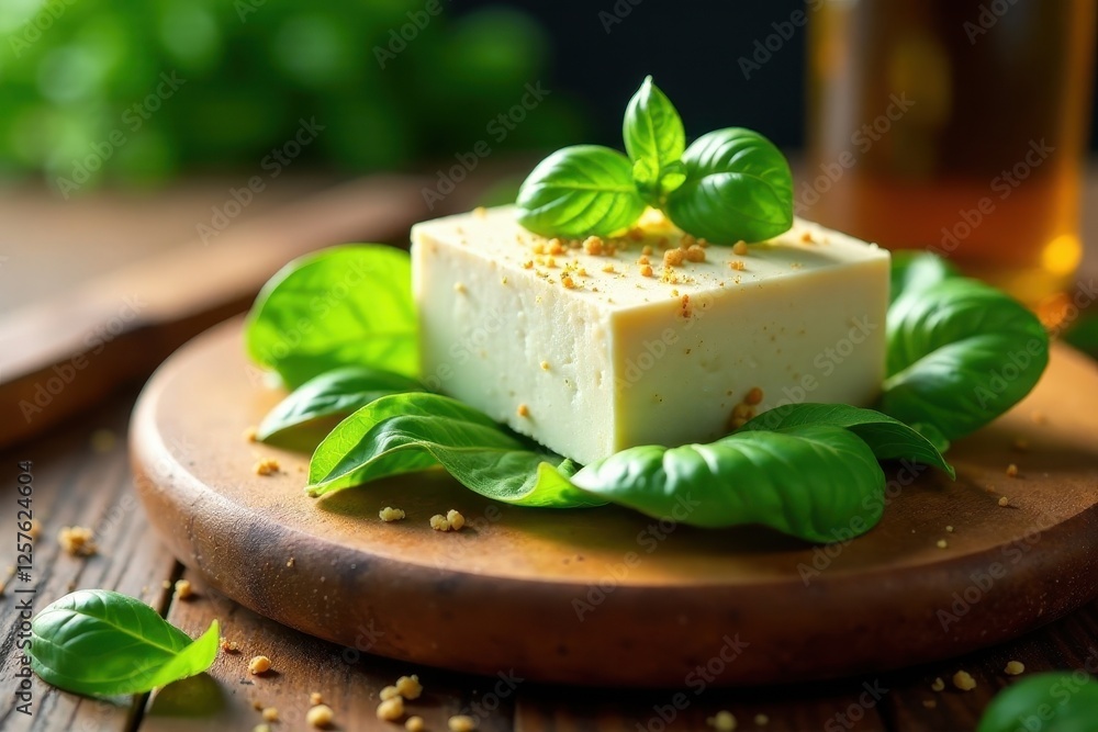Aromatic Tofu Cube, Seasoned and Garnished with Fresh Basil on Rustic Wooden Board Aromatic Tofu Cube, Seasoned and Garnished with Fresh Basil on Rustic Wooden Board