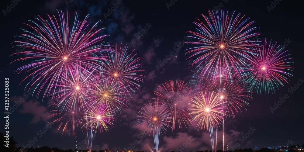 Vibrant Fireworks Display Lighting Up the Night Sky with Colorful Bursts and Patterns in a Festive Celebration Atmosphere Vibrant Fireworks Display Lighting Up the Night Sky with Colorful Bursts and Patterns in a Festive Celebration Atmosphere