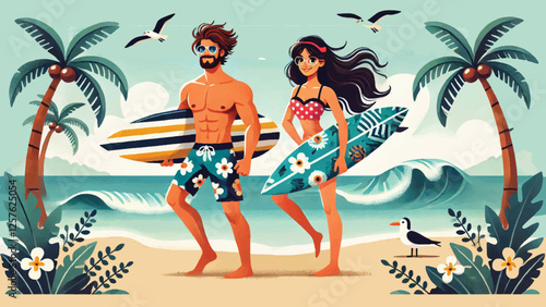 Surfer Dude and Dudette, two energetic characters, a guy and a girl, wearing colorful surf gear. They are carrying surfboards with tropical patterns, standing by the ocean waves 