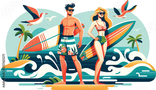 Surfer Dude and Dudette, two energetic characters, a guy and a girl, wearing colorful surf gear. They are carrying surfboards with tropical patterns, standing by the ocean waves 
