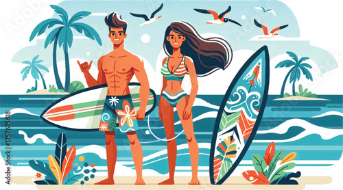 Surfer Dude and Dudette, two energetic characters, a guy and a girl, wearing colorful surf gear. They are carrying surfboards with tropical patterns, standing by the ocean waves 