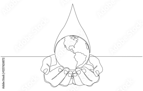 Continuous one line drawing of hands holding drop of water with earth globe inside, save the water, environmental conservation concept, single line art