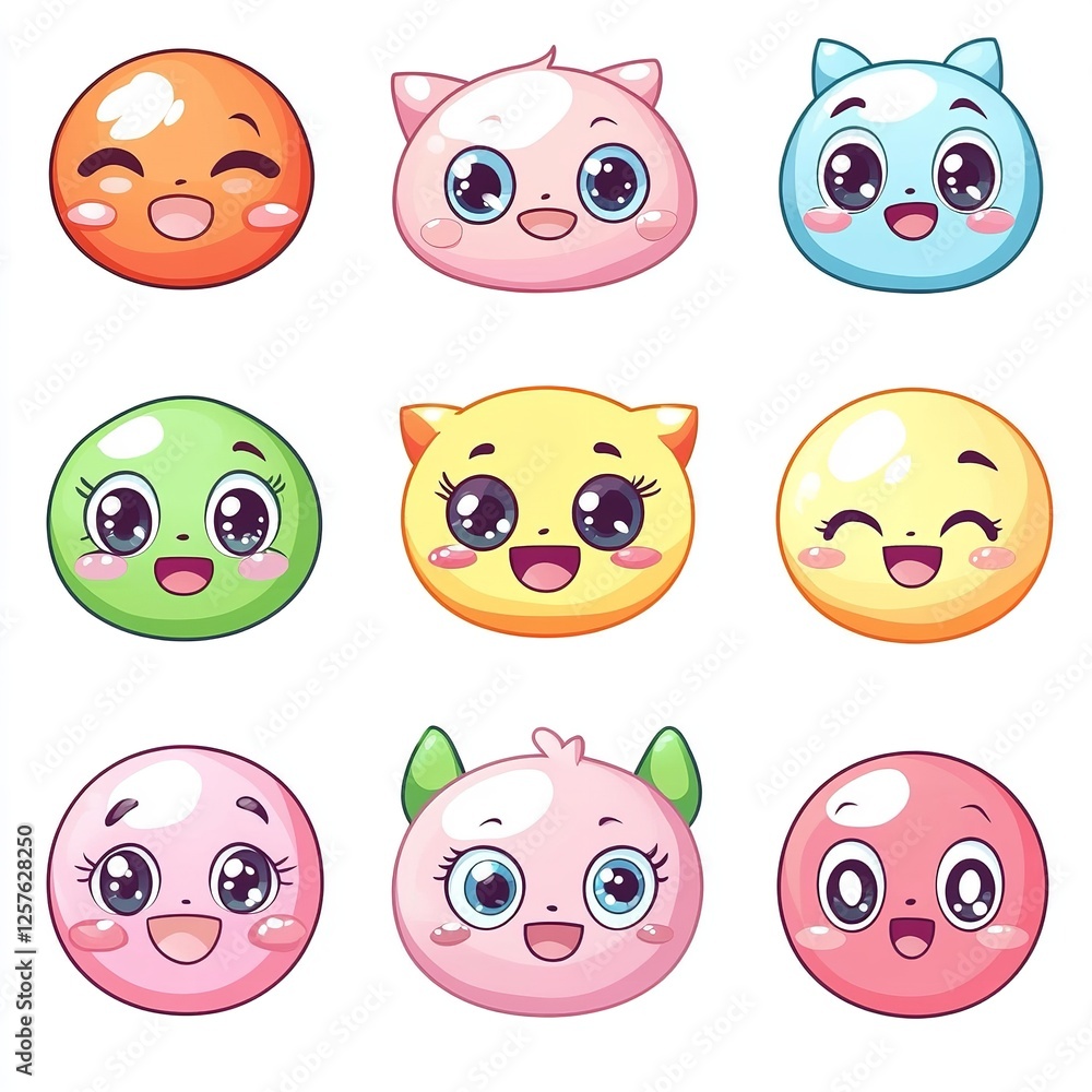 Obraz premium Adorable Kawaii Cartoon Characters Happy Cute Big Eyes Illustrations Set Digital Art Design Elements for Kids Projects Bright Pastel Colors Vector 