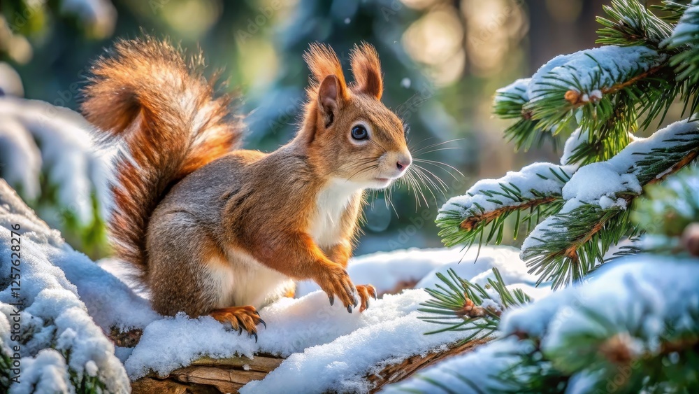 Cute Squirrel on Snowy Tree Branch in Winter Wonder Land Scene Cute Squirrel on Snowy Tree Branch in Winter Wonder Land Scene