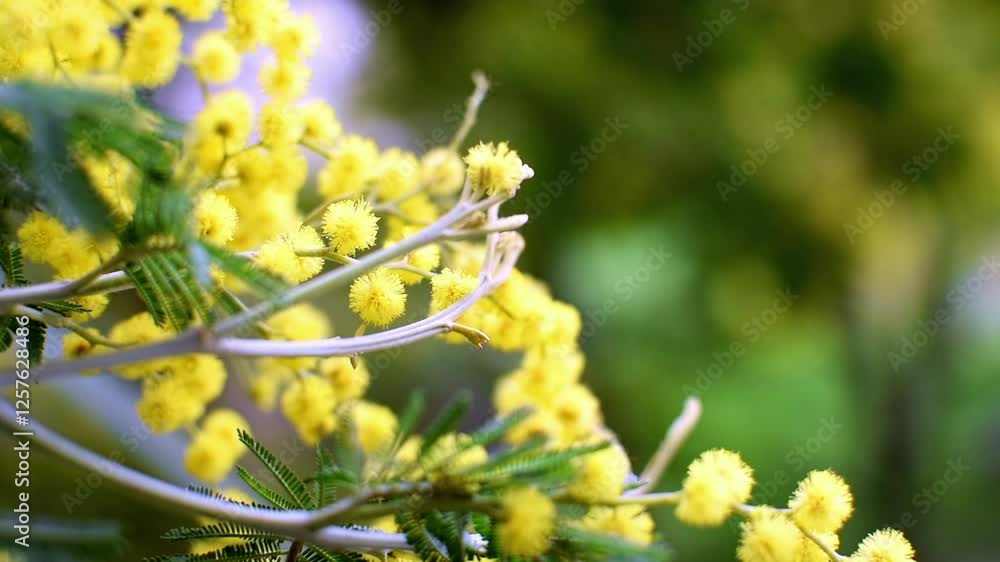 Branch of yellow fluffy mimosa flowers slowly sways in the wind on blurred background of nature and green tree leaves in spring garden. Blossoming plant with tender hairy balls flower Branch of yellow fluffy mimosa flowers slowly sways in the wind on blurred background of nature and green tree leaves in spring garden. Blossoming plant with tender hairy balls flower