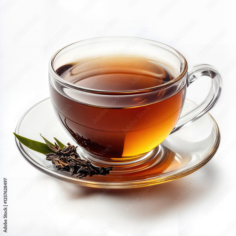 Glass cup of hot black tea with dried tea leaves and fresh green tea leaf on white background Glass cup of hot black tea with dried tea leaves and fresh green tea leaf on white background
