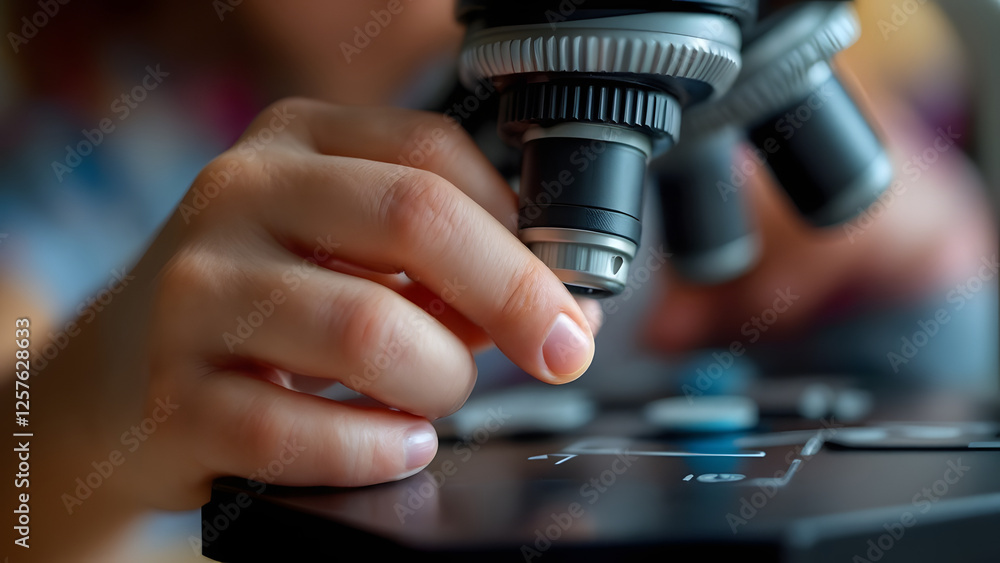 Child Adjusting Microscope Lens with a Determined Expression in a Classroom Environment Child Adjusting Microscope Lens with a Determined Expression in a Classroom Environment