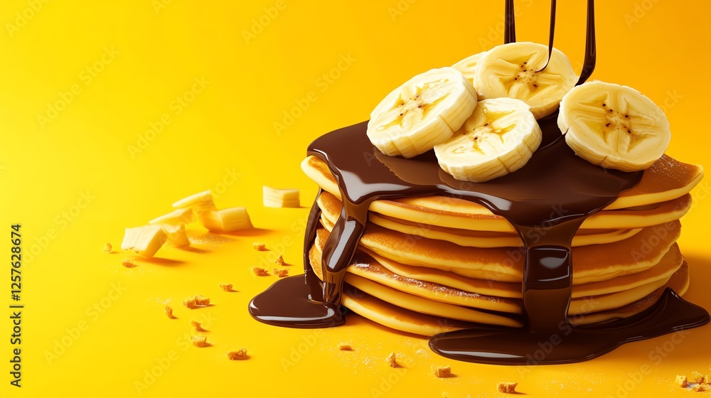 Delicious pancakes stacked high, topped with fresh banana slices and drizzled with rich chocolate sauce, creating an inviting and mouth-watering breakfast treat against a vibrant y Delicious pancakes stacked high, topped with fresh banana slices and drizzled with rich chocolate sauce, creating an inviting and mouth-watering breakfast treat against a vibrant y