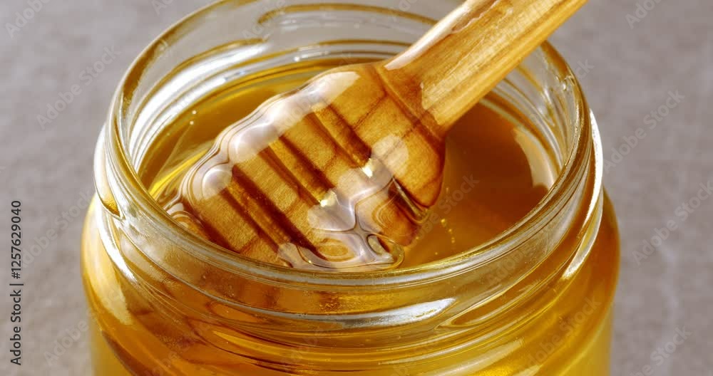 Honey dipper scoops fresh liquid honey from a glass jar. Honey dipper scoops fresh liquid honey from a glass jar.