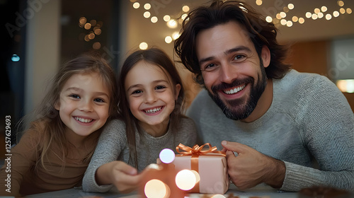 Happy family opening gift, Christmas lights