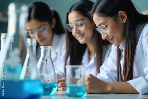 Three Young Female Scientists Engaged in Chemistry Experiments in a Modern Laboratory, Analyzing Solutions and Collaborating on Research Projects