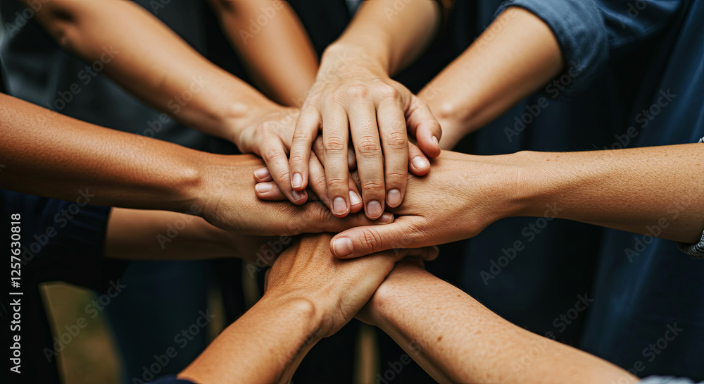 A close-up of interlocked hands of women and men, different ages and ethnicities A close-up of interlocked hands of women and men, different ages and ethnicities