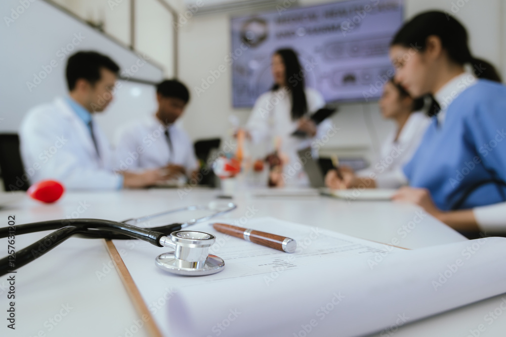 A diverse team of health care professionals, including doctors and nurses, sit and talk in a hospital office. The team works together to provide expert medical care and support to patients. A diverse team of health care professionals, including doctors and nurses, sit and talk in a hospital office. The team works together to provide expert medical care and support to patients.