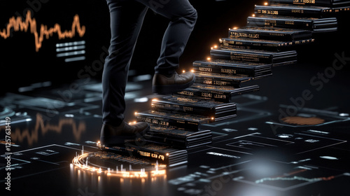 A businessman climbing a glowing staircase representing financial charts, symbolizing progress, ambition, and innovation photo