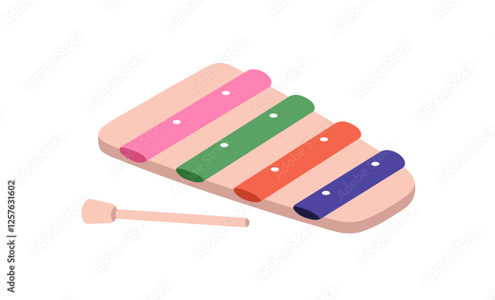 Xylophone, kids toy with wooden stick. Music instrument for children. Rhythm, melody, preschool education. Childish percussion for nursery. Flat vector illustration isolated on white background Xylophone, kids toy with wooden stick. Music instrument for children. Rhythm, melody, preschool education. Childish percussion for nursery. Flat vector illustration isolated on white background