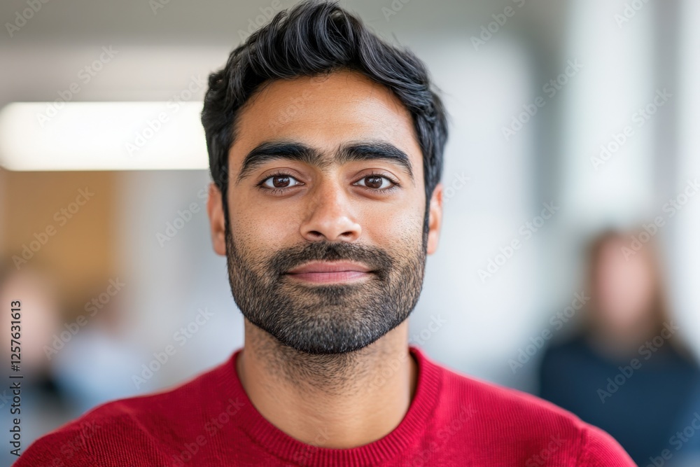 portrait of a confident man with beard and red sweater