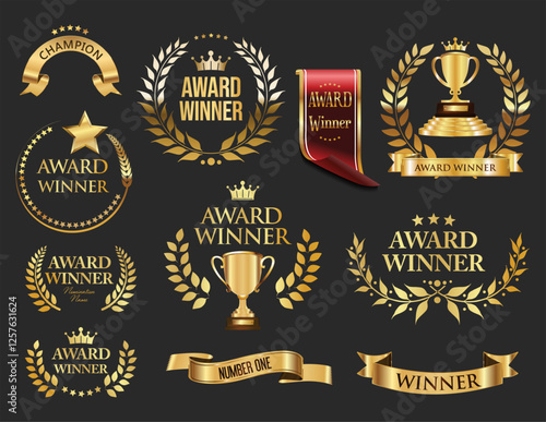 Award Winner emblem icon and ribbon collection of gold laurel wreath stock illustration 